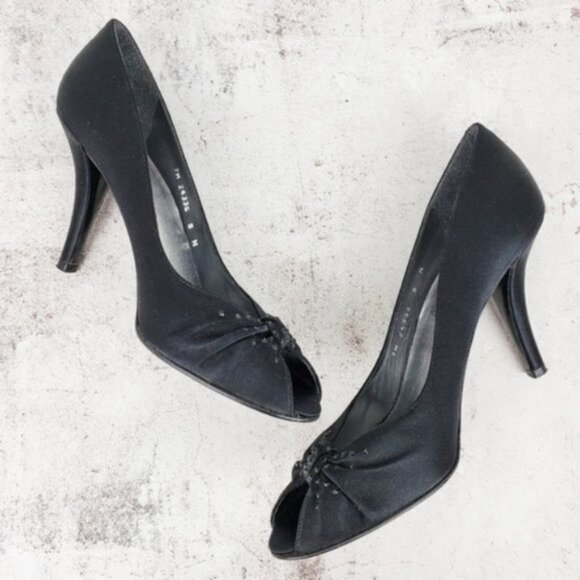 Stuart Weitzman Black Satin Heels Pumps Peep Toe Evening Shoes size 7 - Picture 3 of 8